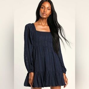 NWT LULUS Only You and I Navy Blue Long Sleeve Tie-Back Mini Skater Dress M
